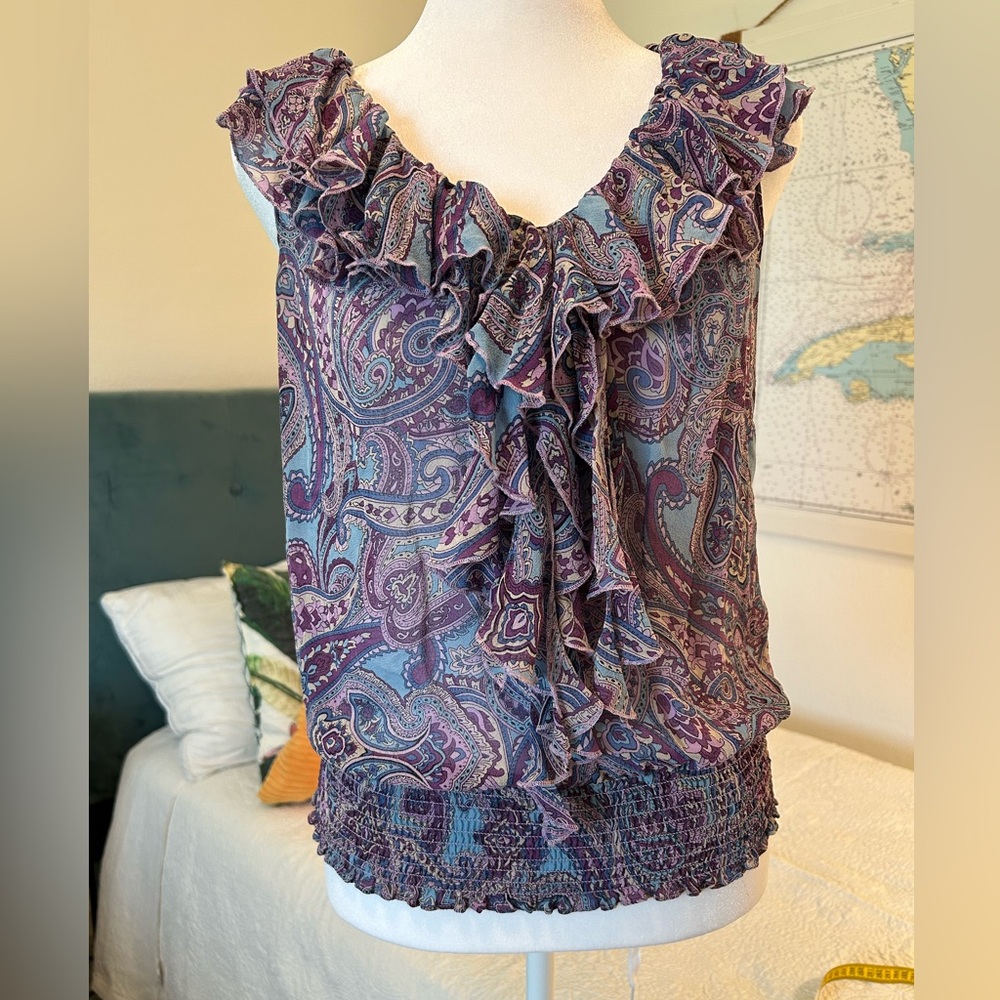 INC International Concepts Purple and Blue Ruffled Smocked Blouse